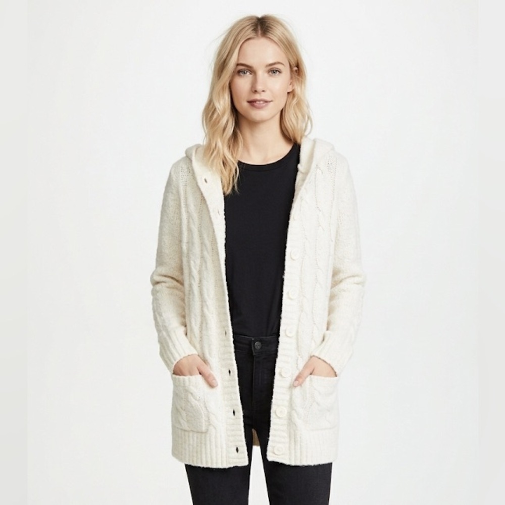 LL Bean vintage ivory chunky knit sweater cardigan with pockets and hood size 2X